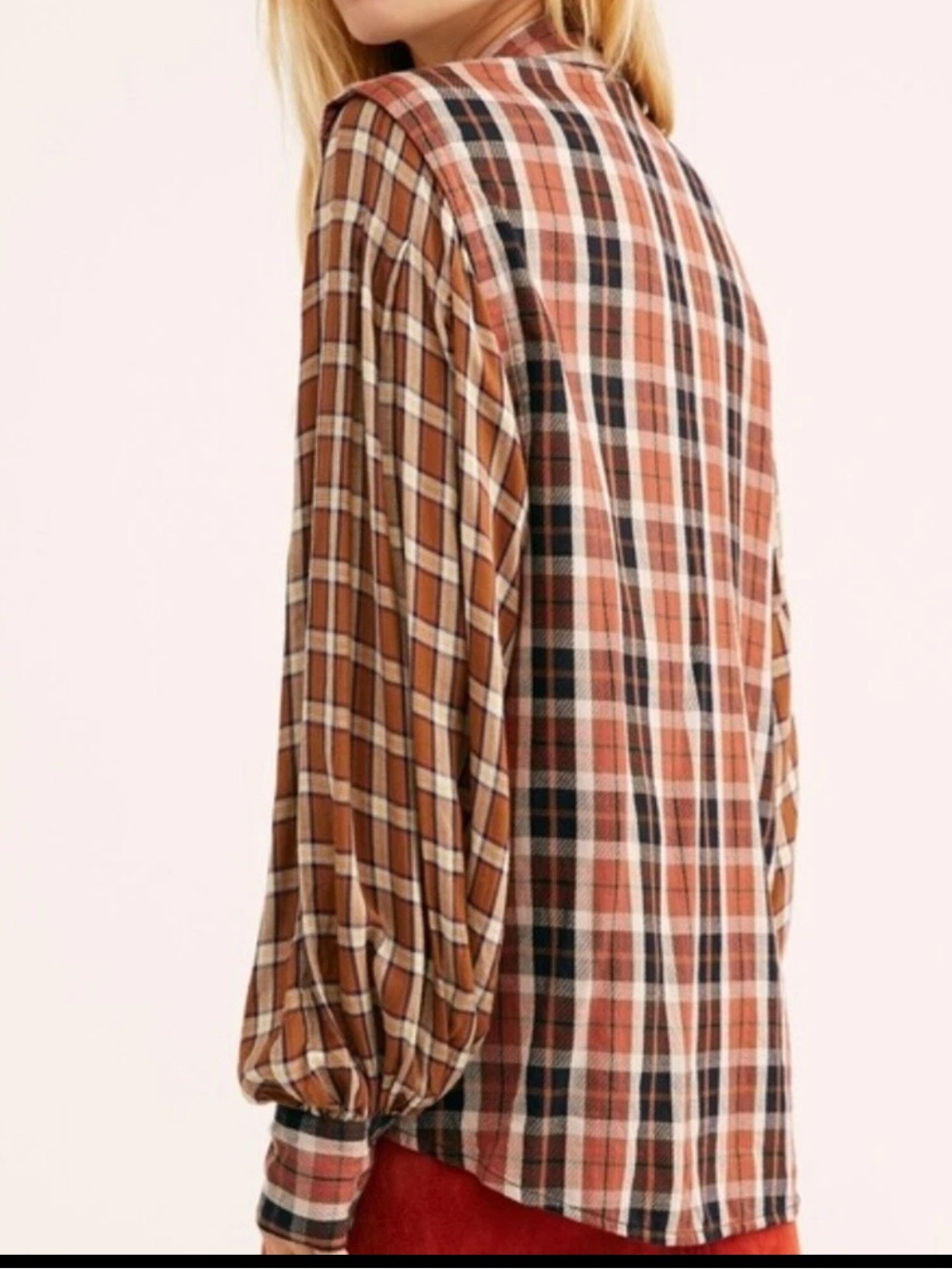 0145. Free People Snow Topped Mountains Rust Plaid Embroidered Button-Down Shirt - Picture 2 of 13